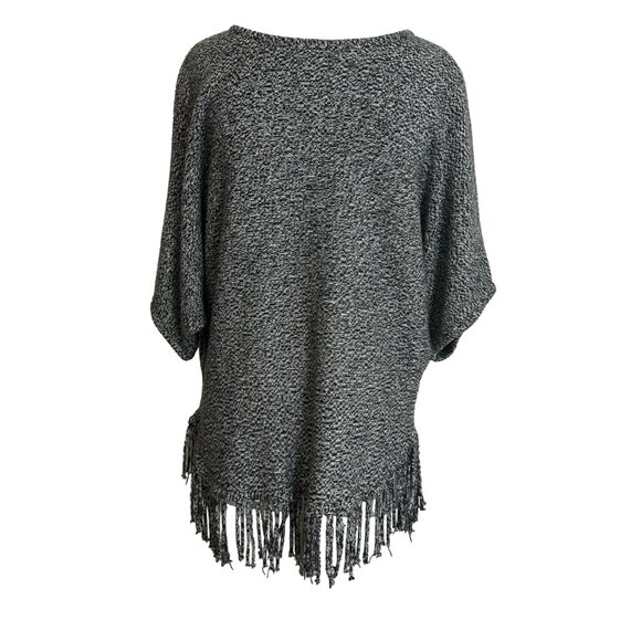 Valerie Stevens Petite Large Poncho Tunic Sweater Black White Fringe Boho - Picture 8 of 8